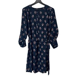 LOFT Outlet Navy Paisley Print 3/4 Sleeves Button Belted Pullover Dress Size L